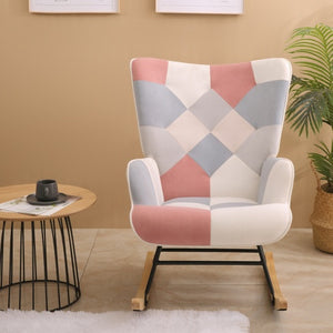 Accent Rocking Chair, Mid Century Fabric Rocker Chair With Wood Legs And Patchwork Linen For Livingroom Bedroom