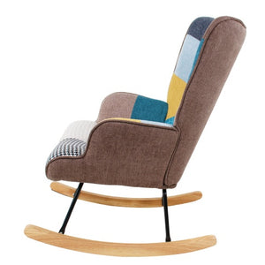 Accent Rocking Chair, Mid Century Fabric Rocker Chair With Wood Legs And Patchwork Linen For Livingroom Bedroom