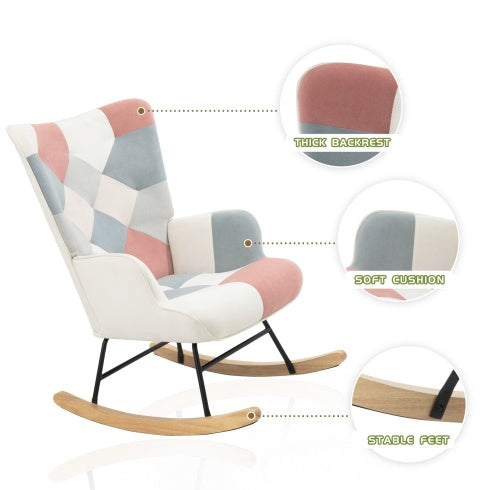 Accent Rocking Chair, Mid Century Fabric Rocker Chair With Wood Legs And Patchwork Linen For Livingroom Bedroom