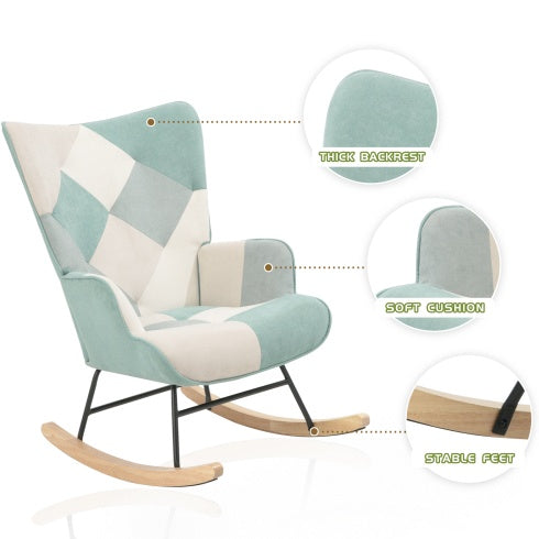 Accent Rocking Chair, Mid Century Fabric Rocker Chair With Wood Legs And Patchwork Linen For Livingroom Bedroom