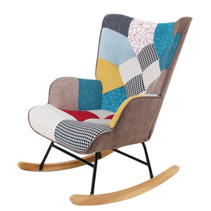 Accent Rocking Chair, Mid Century Fabric Rocker Chair With Wood Legs And Patchwork Linen For Livingroom Bedroom