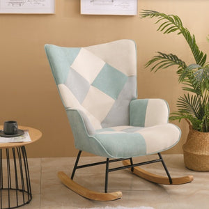 Accent Rocking Chair, Mid Century Fabric Rocker Chair With Wood Legs And Patchwork Linen For Livingroom Bedroom