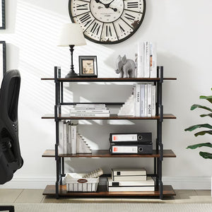 Industrial 4-tier Bookshelves, Metal And Wood Bookshelves, Open Widescreen Storage Bookshelves