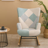 Accent Rocking Chair, Mid Century Fabric Rocker Chair With Wood Legs And Patchwork Linen For Livingroom Bedroom