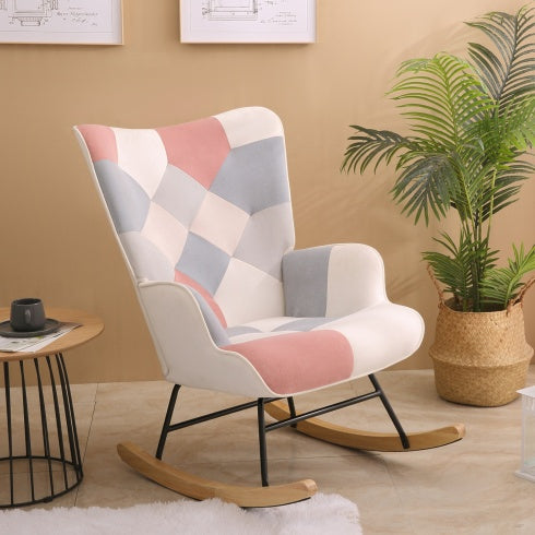 Accent Rocking Chair, Mid Century Fabric Rocker Chair With Wood Legs And Patchwork Linen For Livingroom Bedroom